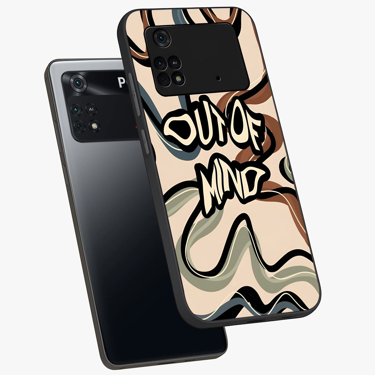 Out Of Mind Glass Case displayed in angled mockup highlighting bold statement design with modern artistic aesthetic.