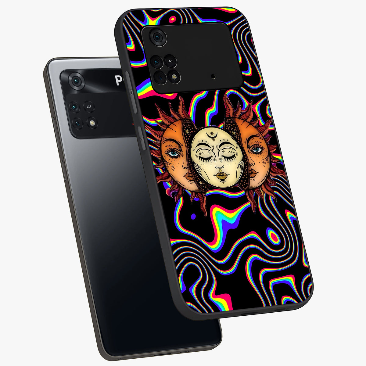 Psychedelic Sun Glass Case displayed in angled mockup highlighting vibrant abstract sun design with artistic aesthetic style.