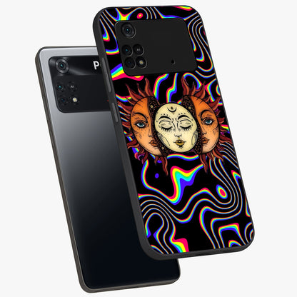 Psychedelic Sun Glass Case displayed in angled mockup highlighting vibrant abstract sun design with artistic aesthetic style.