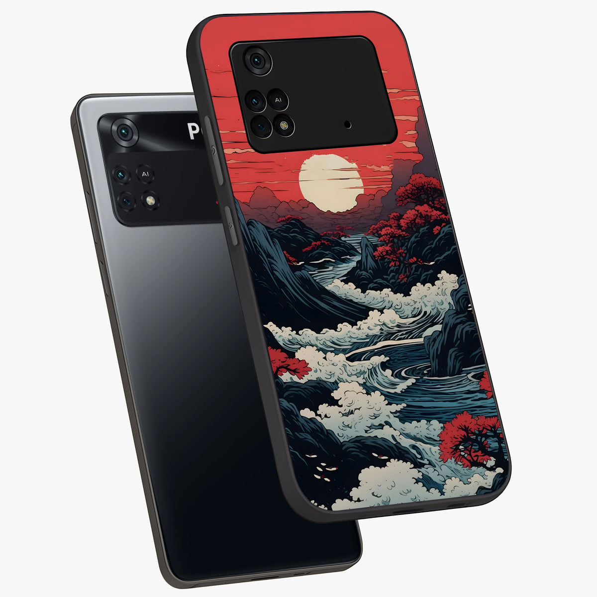 Red Sunset Scenery Glass Case displayed in angled mockup highlighting glowing sunset sky design with scenic aesthetic.