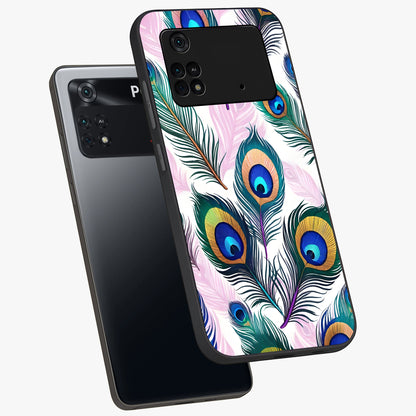 Royal Peacock Feathers Glass Case displayed in angled mockup highlighting vibrant feather pattern with regal aesthetic style.
