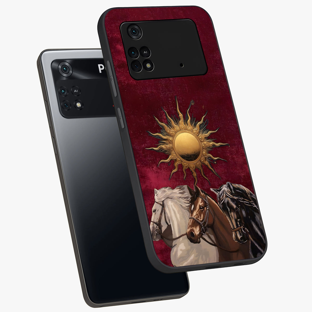 Solar Riders Glass Case displayed in angled mockup highlighting powerful rider illustration with radiant solar aesthetic.