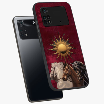 Solar Riders Glass Case displayed in angled mockup highlighting powerful rider illustration with radiant solar aesthetic.