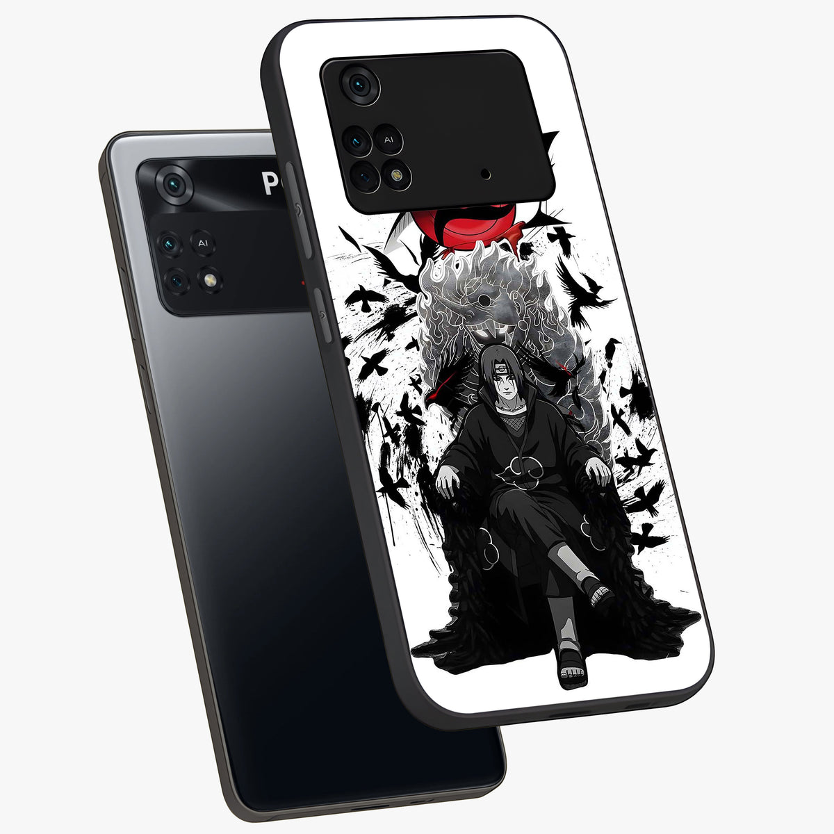 Uchiha Shadow Throne Glass Case displayed in angled mockup highlighting glowing aquatic design with celestial aesthetic.