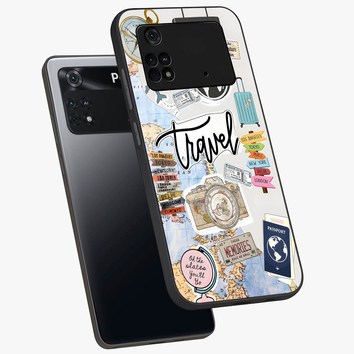 Wanderlust Journal Glass Case displayed in angled mockup highlighting adventure themed design with aesthetic travel vibe.