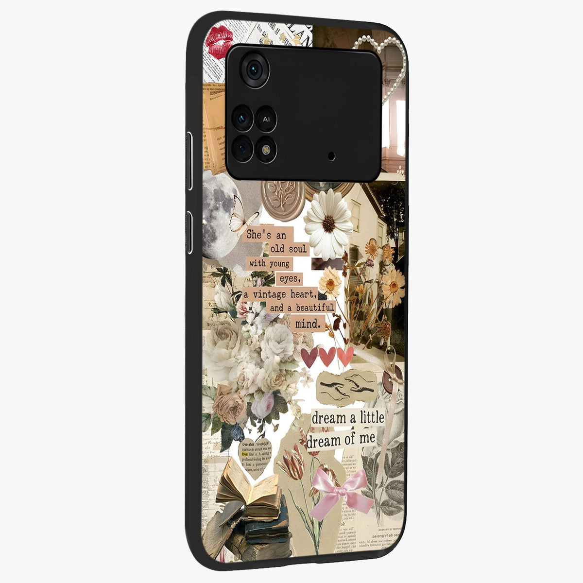 Aesthetic Brown Vintage Collage Glass Case upright view showcasing nostalgic retro artwork with stylish vintage theme.