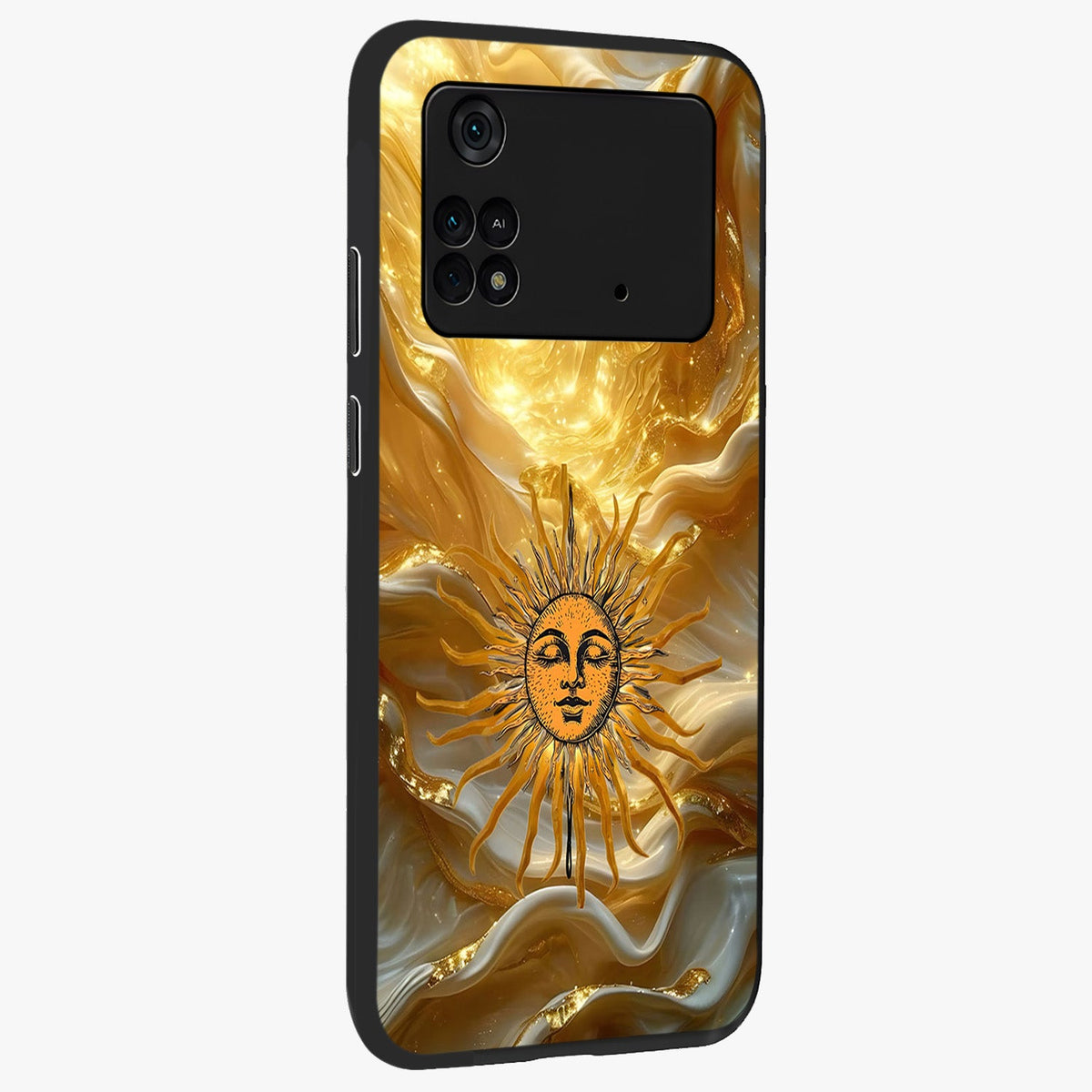 Eternal Golden Glow Glass Case upright view showcasing luminous golden artwork with luxurious visual theme.