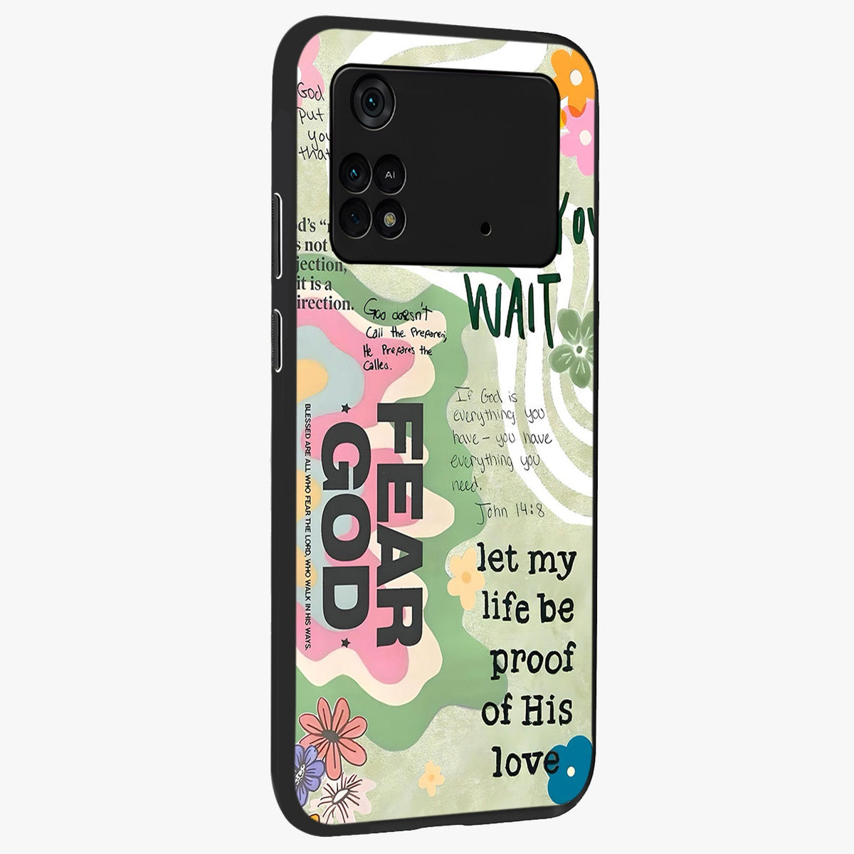 Faith Over Fear Glass Case upright view showcasing bold typography artwork with uplifting motivational theme.