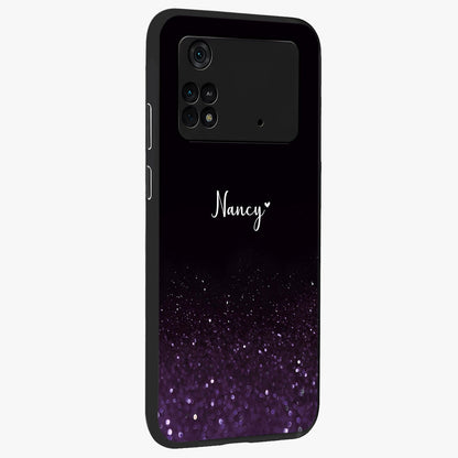 Glittery Purple Bokeh Custom Name Glass Case upright view showcasing vibrant purple sparkle artwork with personalized aesthetic style.