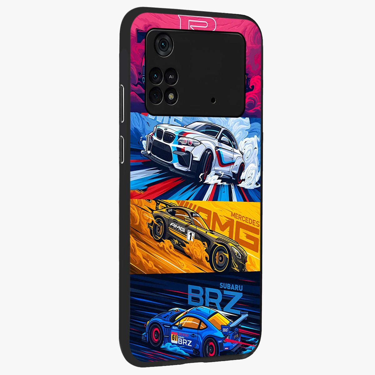 JDM Sports Car Glass Case upright view showcasing dynamic sports car artwork with bold racing theme.