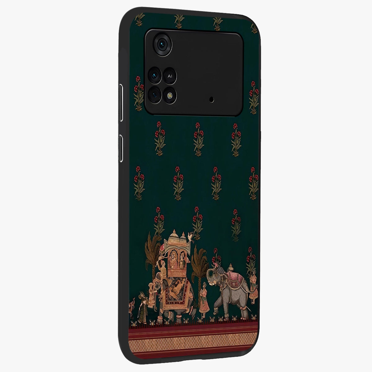 Macmerise Glass Case upright view showcasing bold artistic artwork with contemporary design theme.