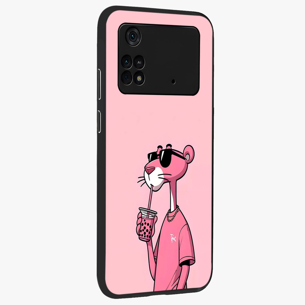 Pink Panther Glass Case upright view showcasing fun animated artwork with stylish retro cartoon theme.