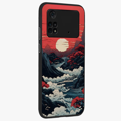 Red Sunset Scenery Glass Case upright view showcasing dramatic sunset scenery artwork with warm nature theme.
