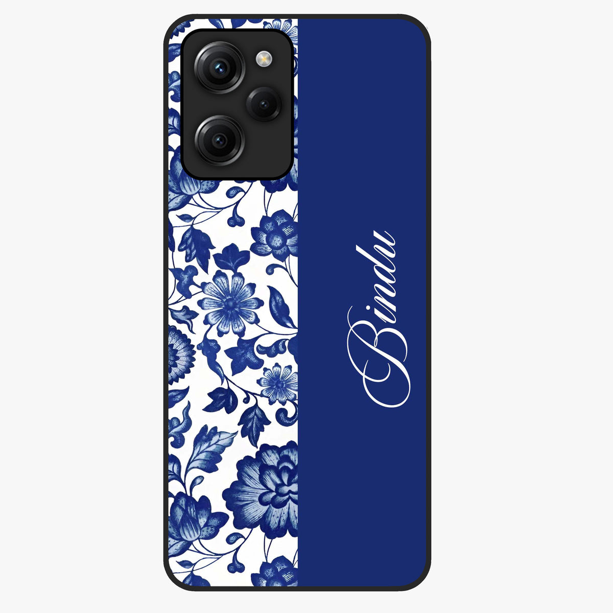 Blue Vintage Floral Pattern Glass Case upright view showcasing timeless floral illustration with vintage inspired style.