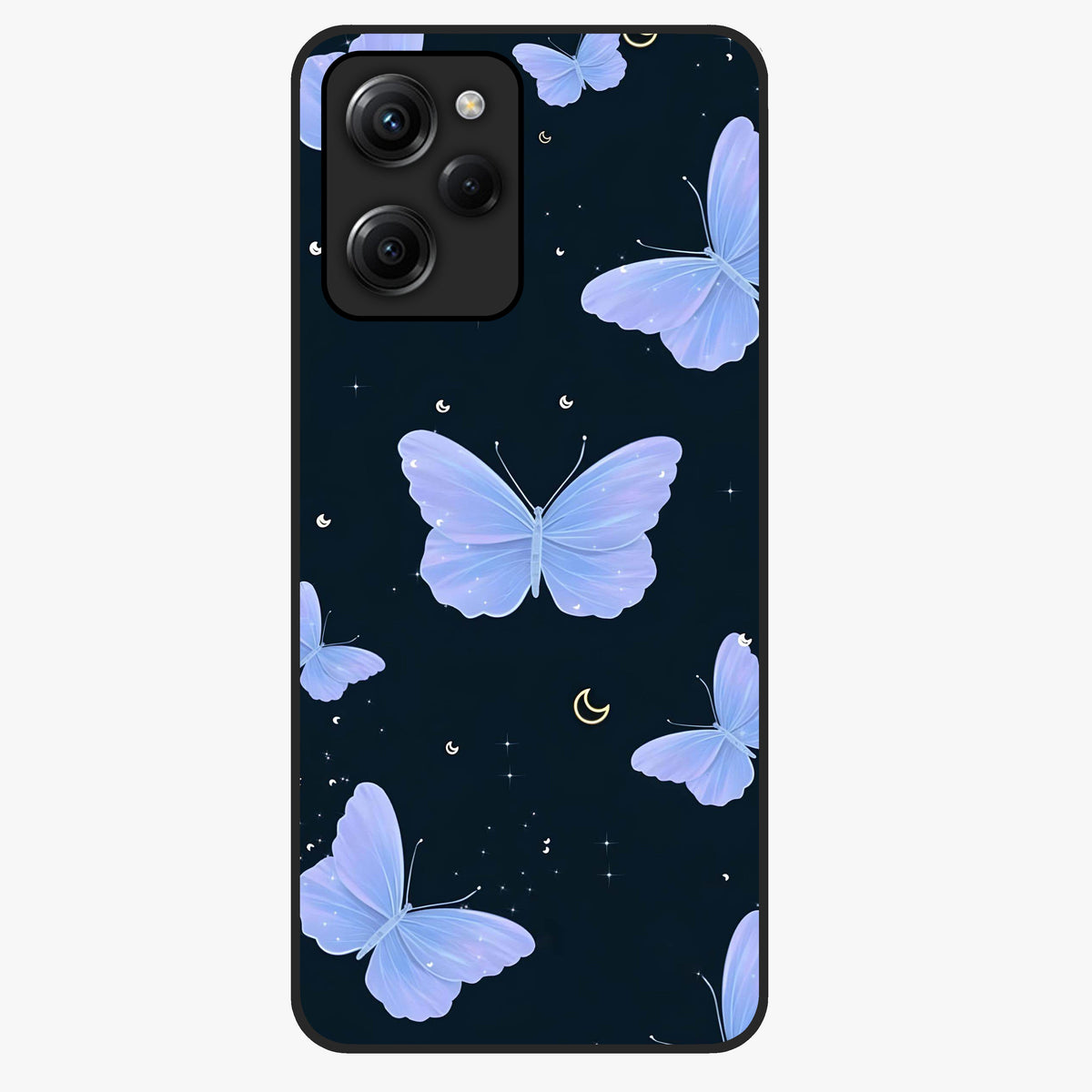 Butterfly With Stars Pattern Glass Case showing flat back view with butterfly and star pattern artwork and glossy glass finish.