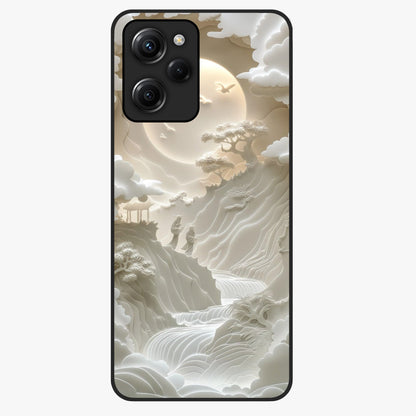 Celestial Origami Glass Case showing flat back view with artistic origami inspired celestial artwork and glossy glass finish.