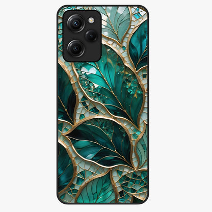 Emerald Leaf Glass Glass Case showing flat back view with emerald green leaf artwork and glossy glass finish.