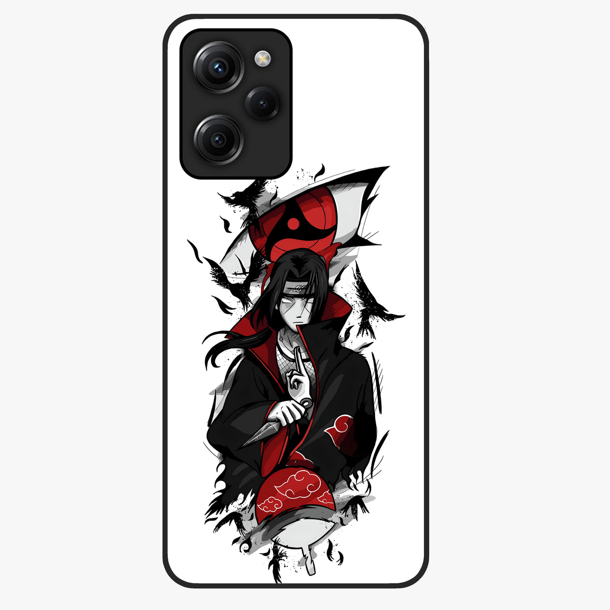 Itachi Sharingan Glass Case showing flat back view with powerful anime eye artwork and glossy glass finish.