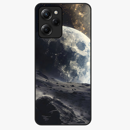 Lunar Horizon Glow Glass Case showing flat back view with glowing moon horizon artwork and glossy glass finish.