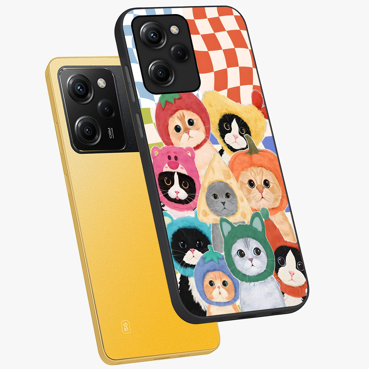 Cats in Fruits Glass Case displayed in angled mockup highlighting cute feline fruit design with colorful aesthetic style.