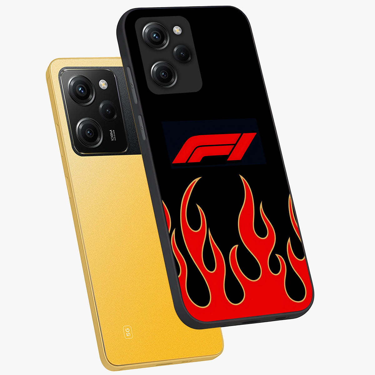 Fire F11 Glass Case displayed in angled mockup highlighting bold fire inspired graphic with energetic aesthetic style.