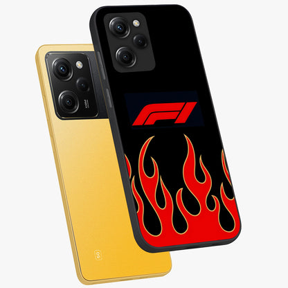 Fire F11 Glass Case displayed in angled mockup highlighting bold fire inspired graphic with energetic aesthetic style.