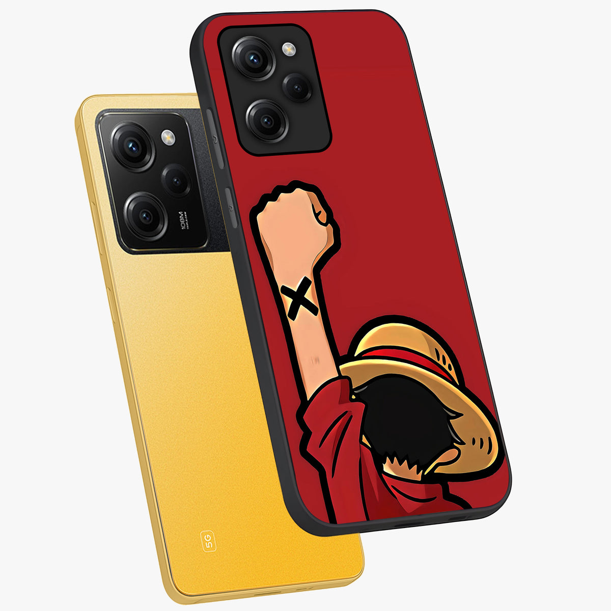 Luffy X Spirit Glass Case displayed in angled mockup highlighting powerful anime design with energetic action aesthetic.
