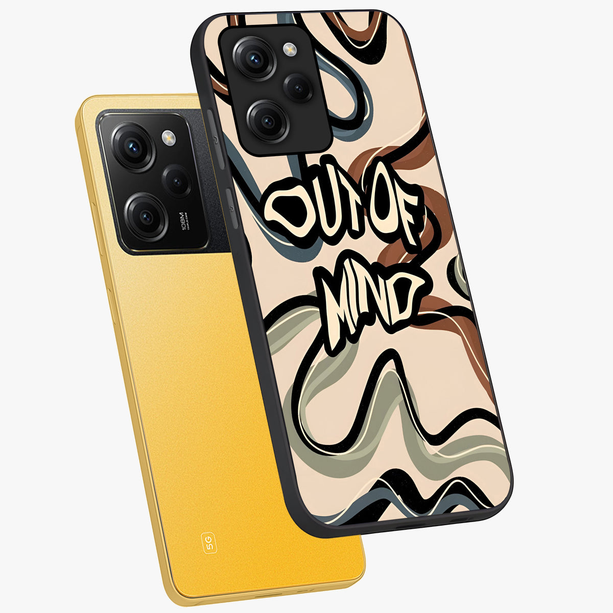Out Of Mind Glass Case displayed in angled mockup highlighting bold statement design with modern artistic aesthetic.