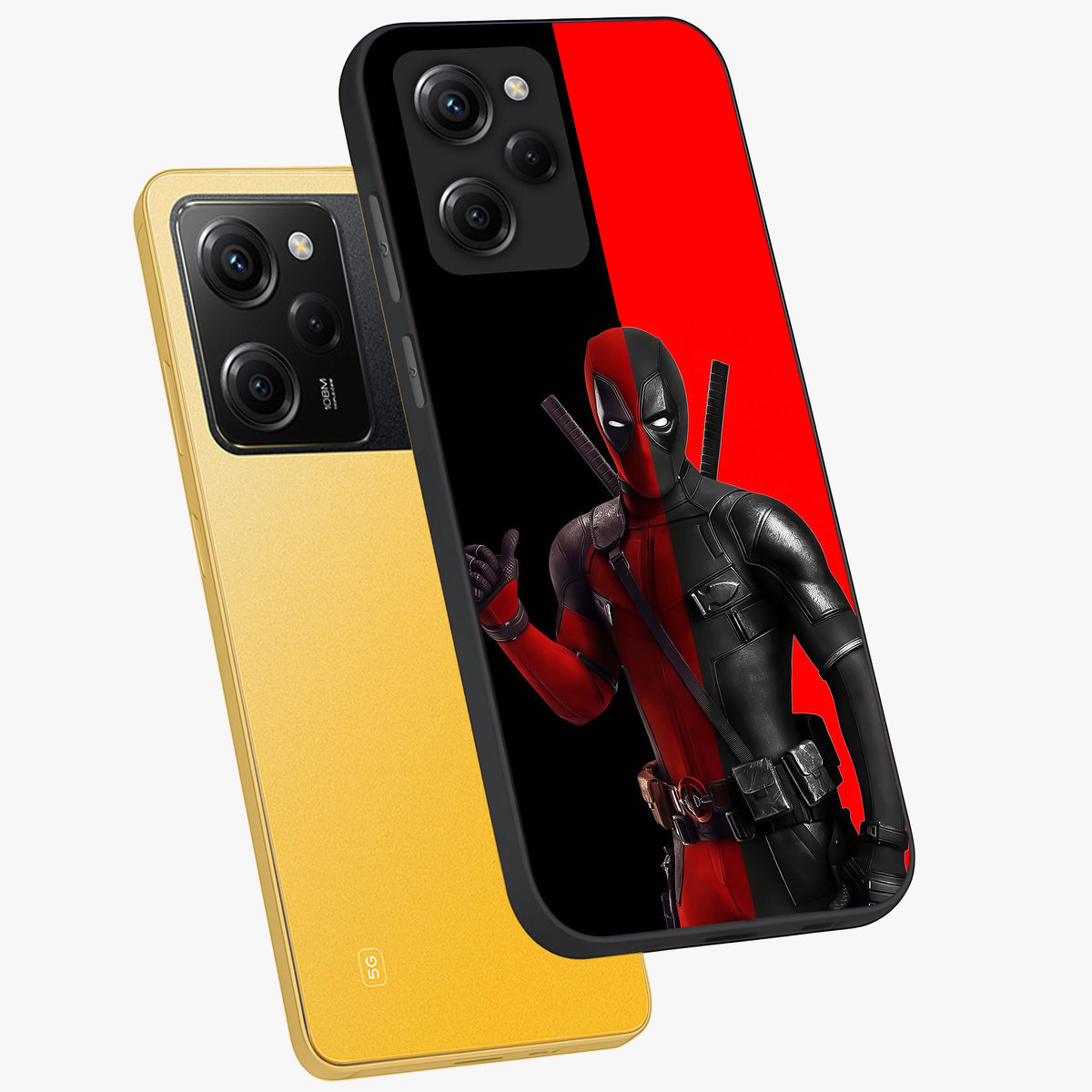 Red & Black Deadpool Theme Glass Case displayed in angled mockup highlighting vibrant superhero style illustration with action aesthetic.
