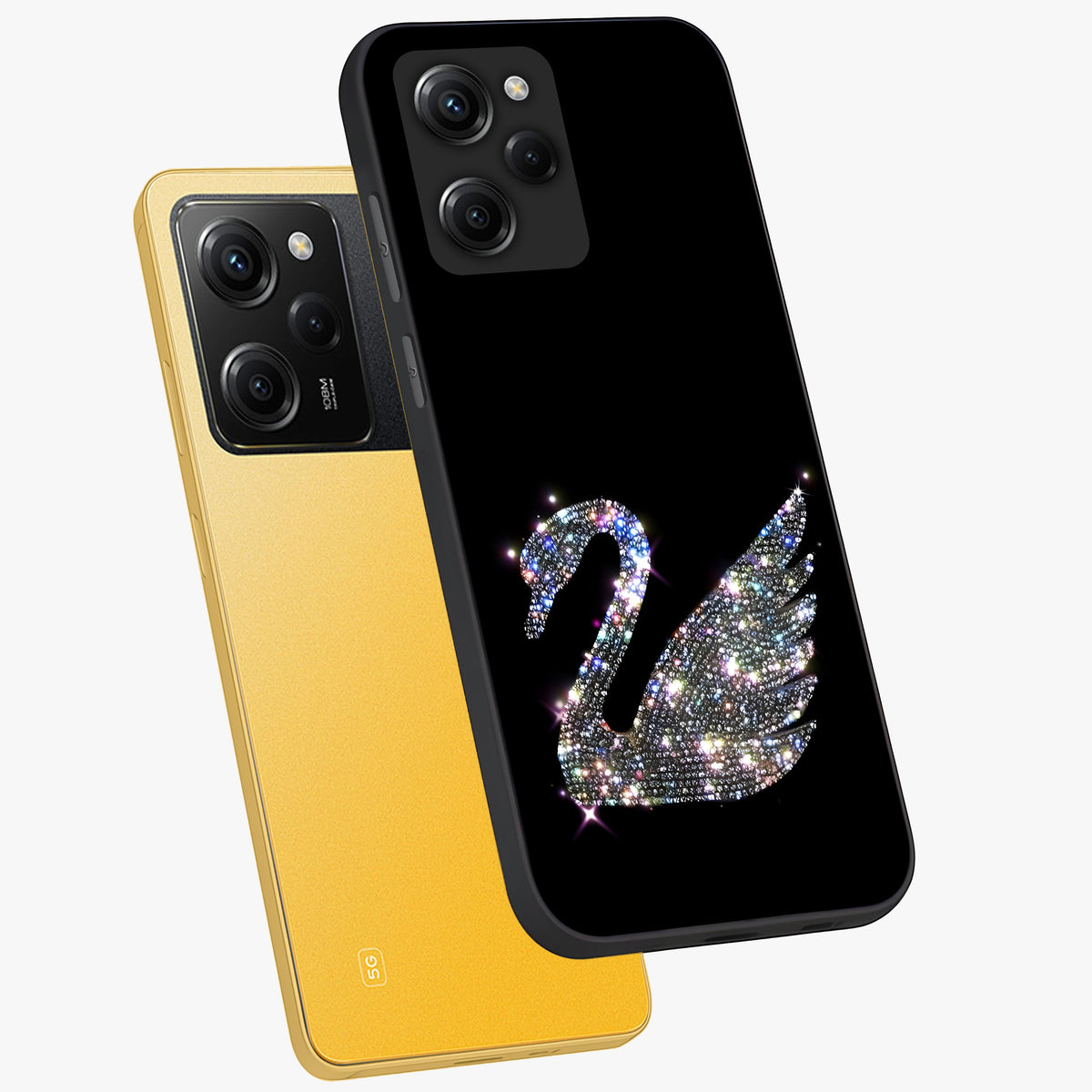 Starlit Swan Grace Glass Case displayed in angled mockup highlighting elegant swan illustration with dreamy celestial aesthetic.