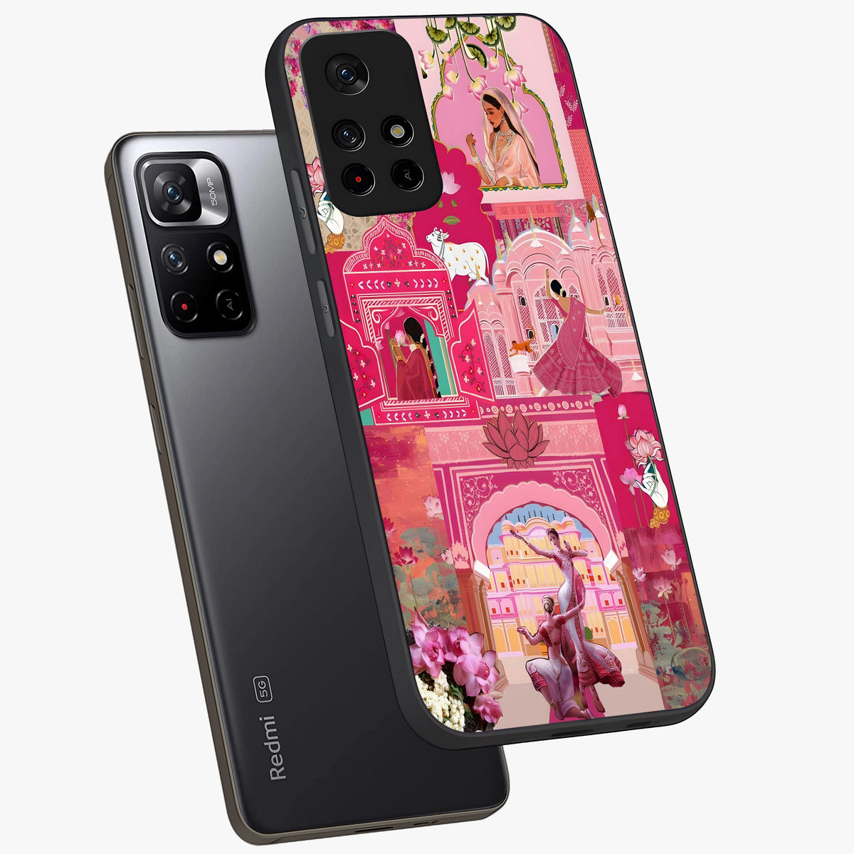 Blossoms of Rajasthan Glass Case displayed in angled mockup highlighting vibrant floral pattern with cultural aesthetic style.