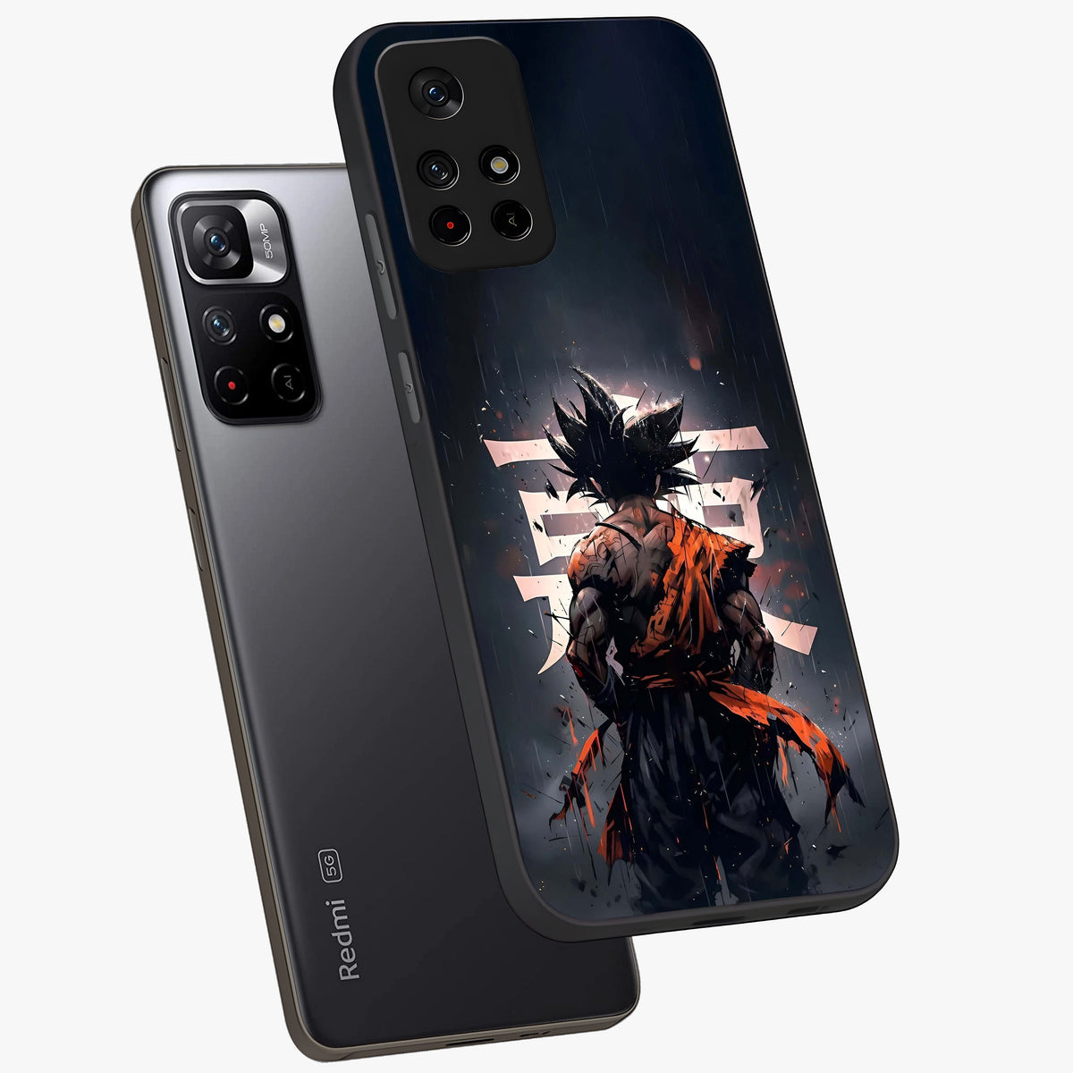 Dark Warrior In Rain Glass Case displayed in angled mockup highlighting dramatic warrior illustration with dark rain aesthetic.