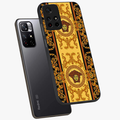 Golden Lotus Glow Glass Case displayed in angled mockup highlighting radiant lotus illustration with spiritual aesthetic.