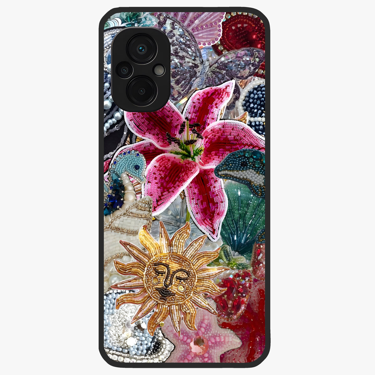Beaded Garden Fantasy Glass Case showing flat back view with dreamy garden bead artwork and glossy glass finish.