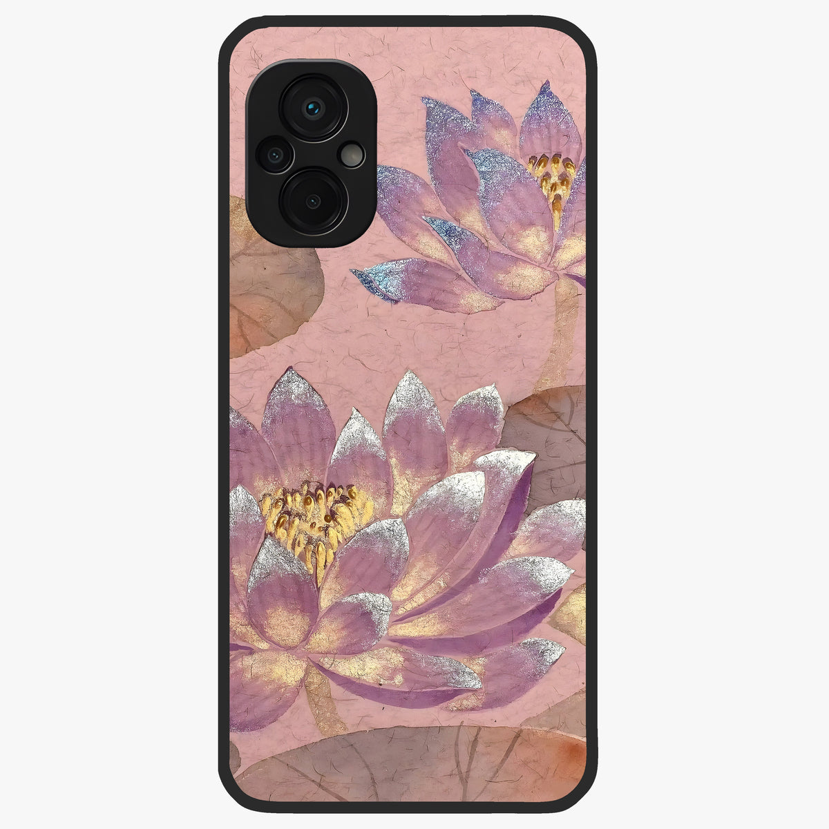 Blossom Mist Lotus Glass Case showing flat back view with serene lotus blossom artwork and glossy glass finish.