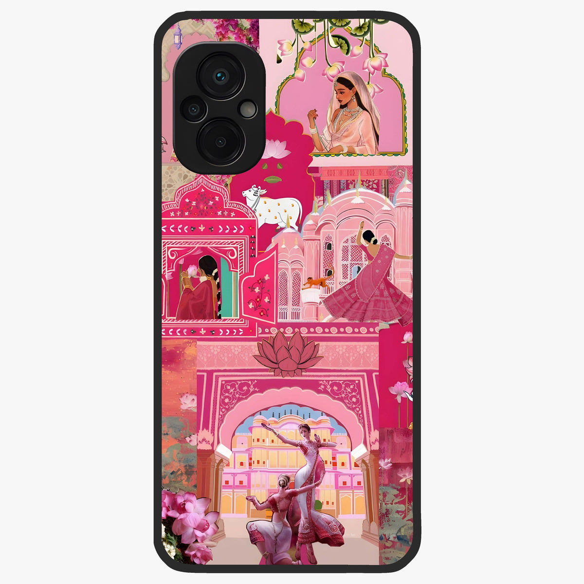 Blossoms of Rajasthan Glass Case showing flat back view with traditional floral artwork inspired by Rajasthan and glossy glass finish.