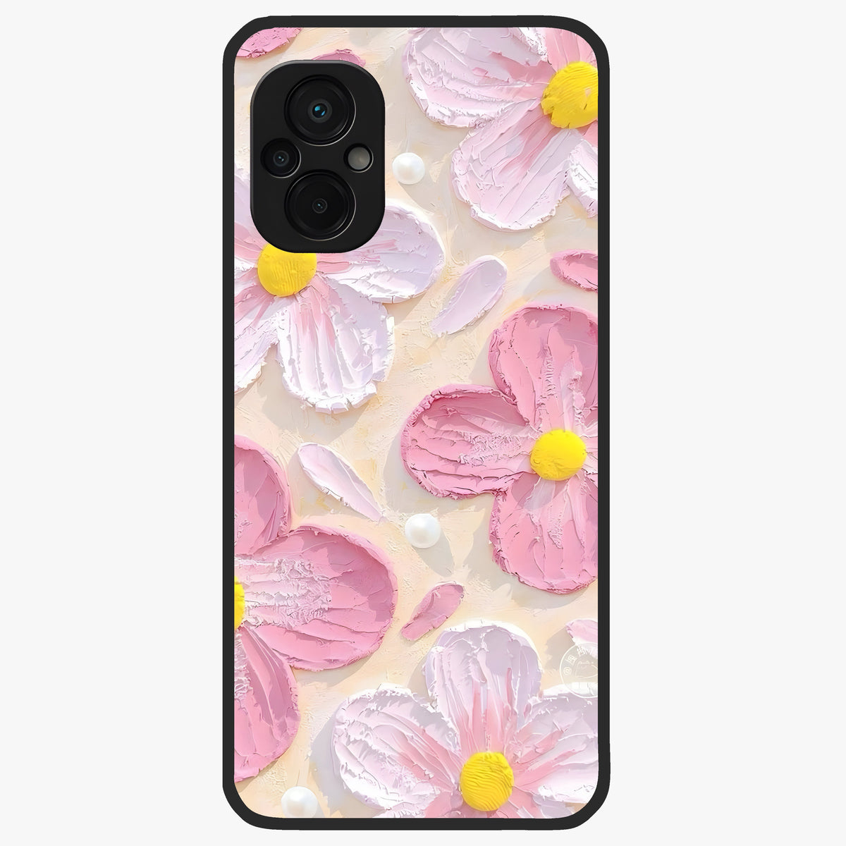 Blush Bloom Texture Glass Case showing flat back view with soft blush floral texture artwork and glossy glass finish.