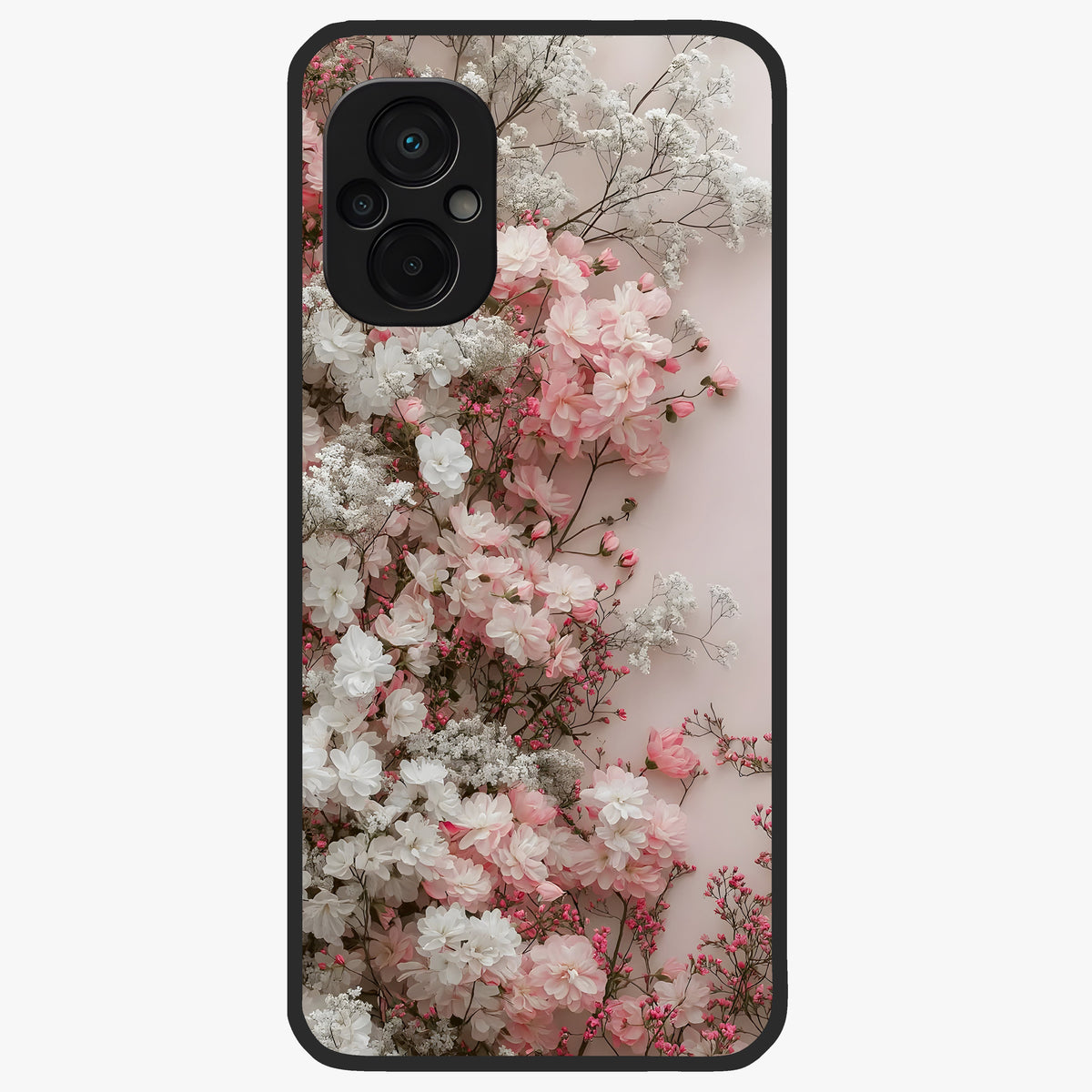 Blush Blossom Cloud Glass Case showing flat back view with dreamy blush cloud blossom artwork and glossy glass finish.
