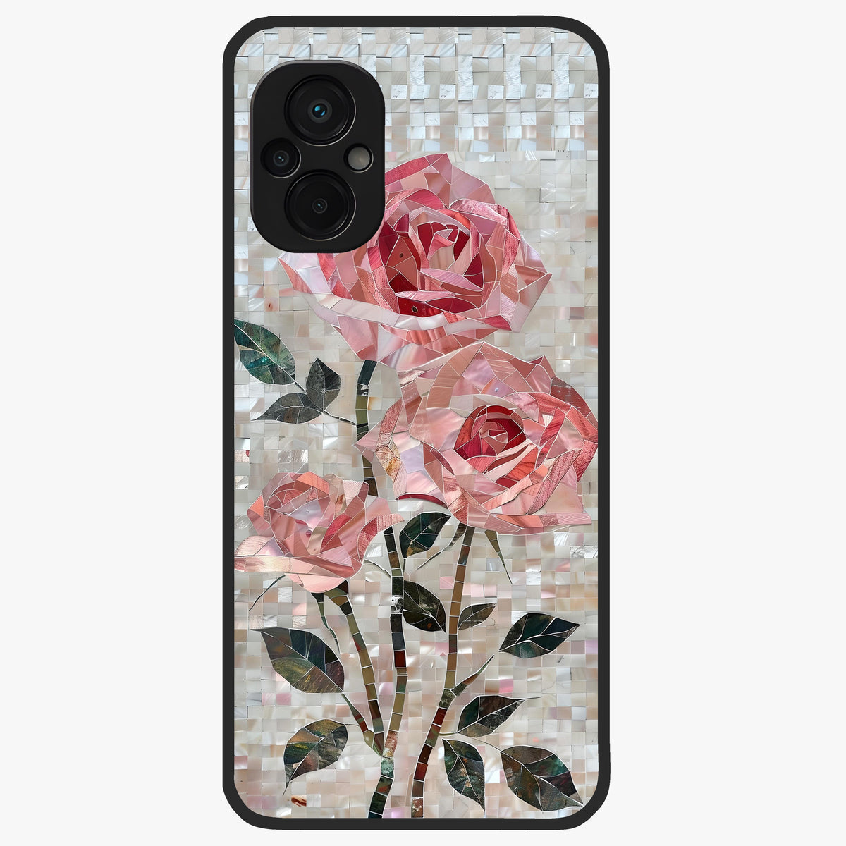 Blush Mosaic Bloom Glass Case showing flat back view with mosaic floral bloom artwork and glossy glass finish.