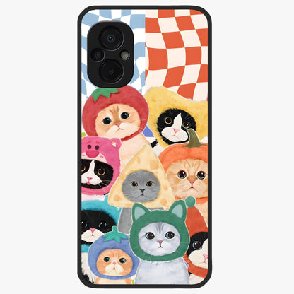 Cats in Fruits Glass Case showing flat back view with playful cat illustrations inside fruit artwork and glossy glass finish.