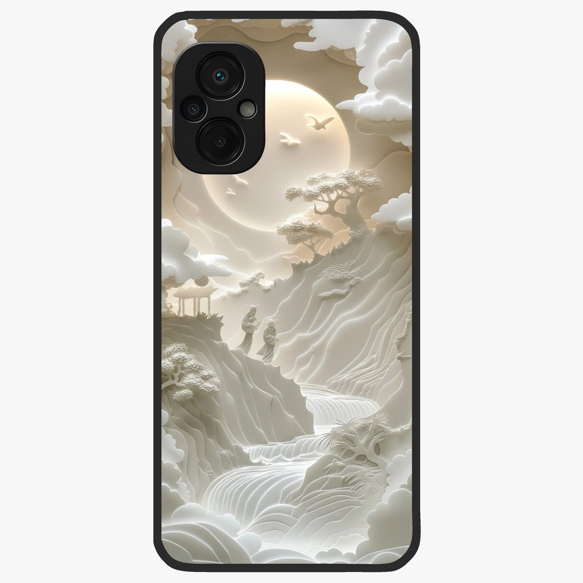 Celestial Origami Glass Case showing flat back view with artistic origami inspired celestial artwork and glossy glass finish.