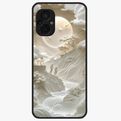 Celestial Origami Glass Case showing flat back view with artistic origami inspired celestial artwork and glossy glass finish.