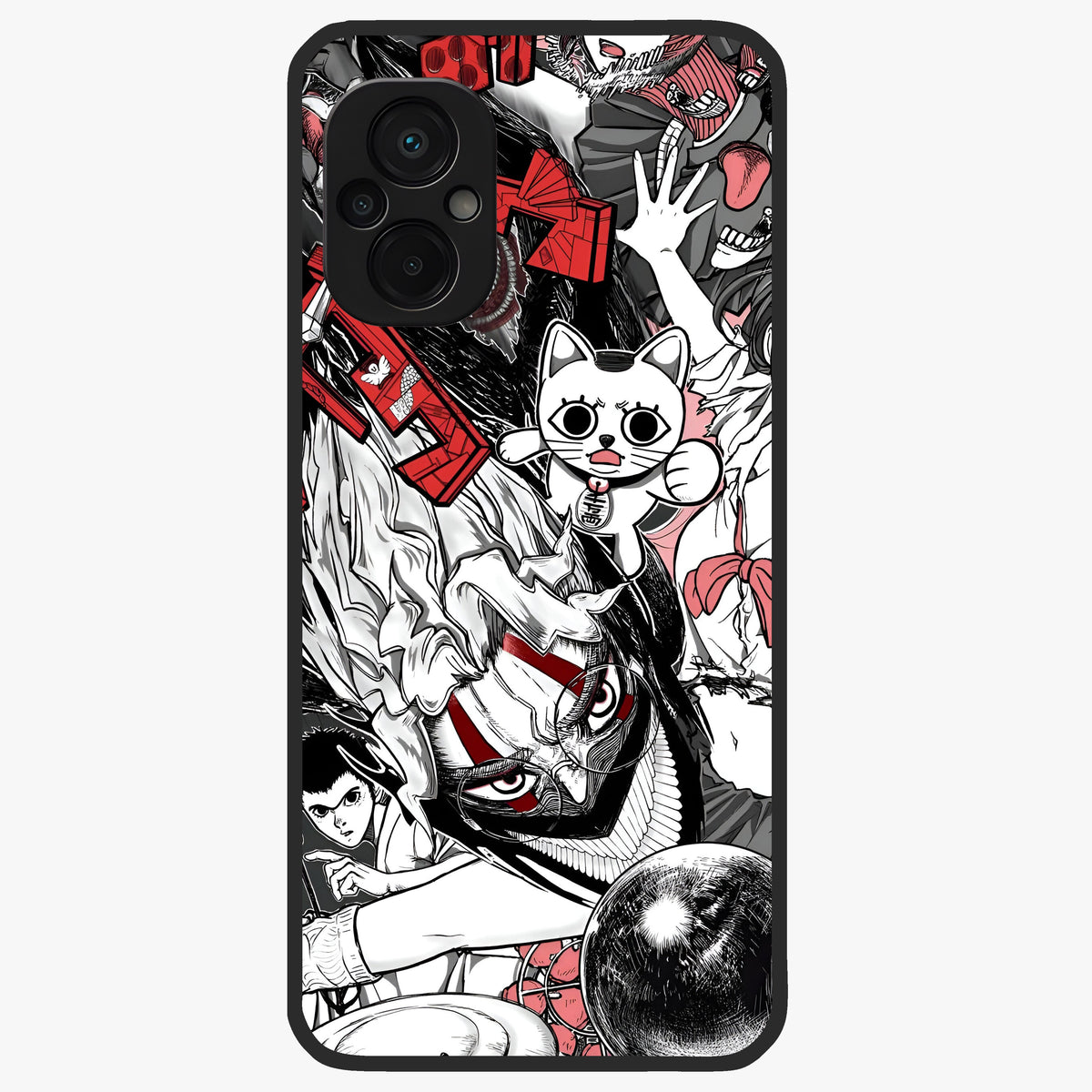 Crimson Chaos Panel Glass Case showing flat back view with bold crimson abstract artwork and glossy glass finish.