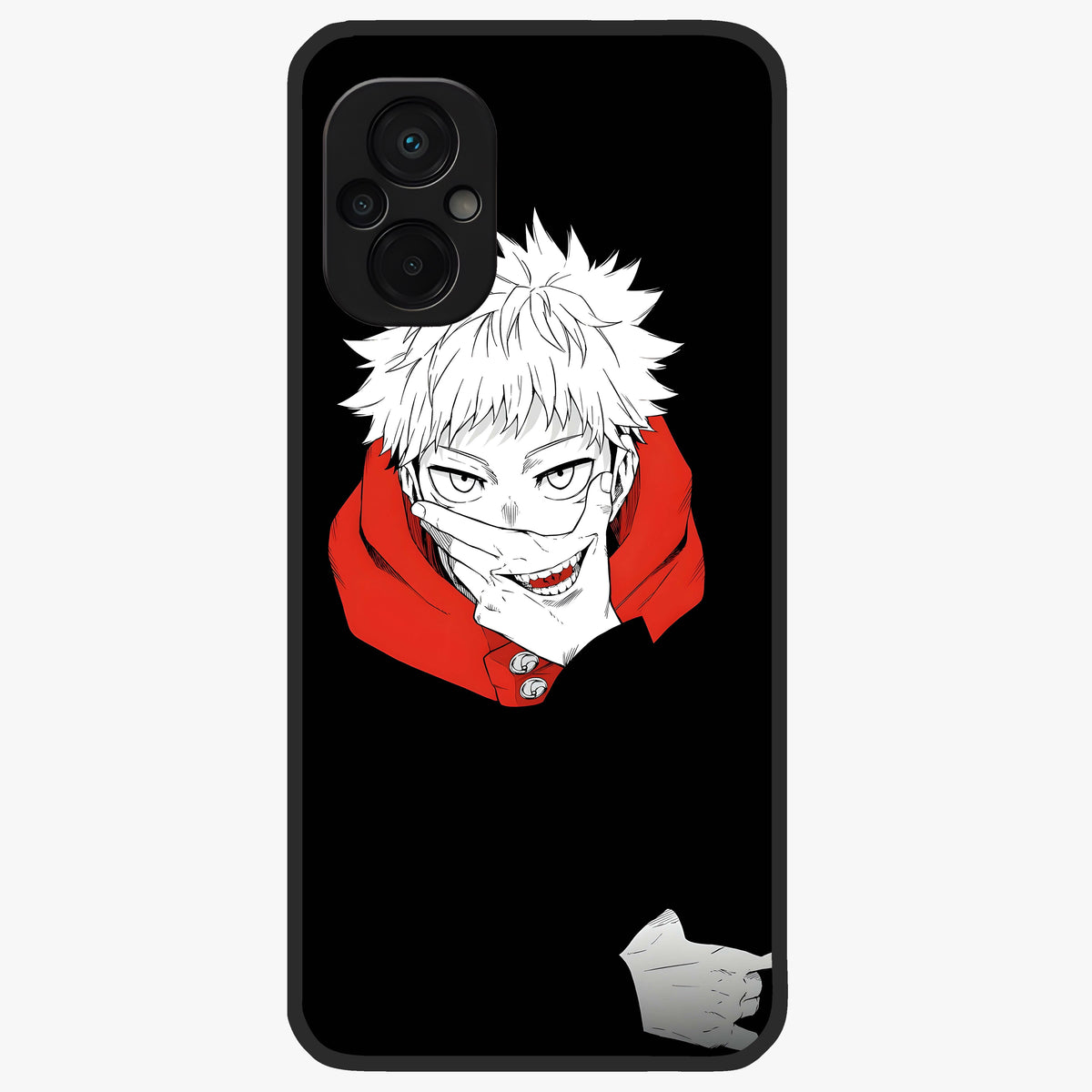 Crimson Chaos Smile Glass Case showing flat back view with bold chaotic smile artwork and glossy glass finish.