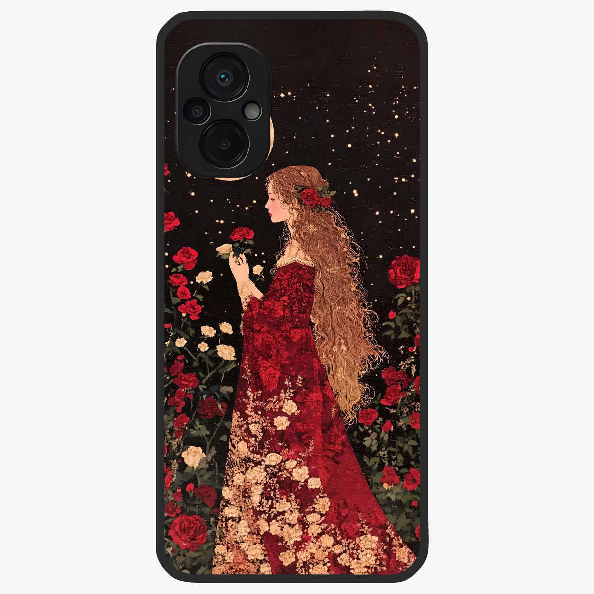 Crimson Dreams Glass Case showing flat back view with dreamy crimson artwork and glossy glass finish.