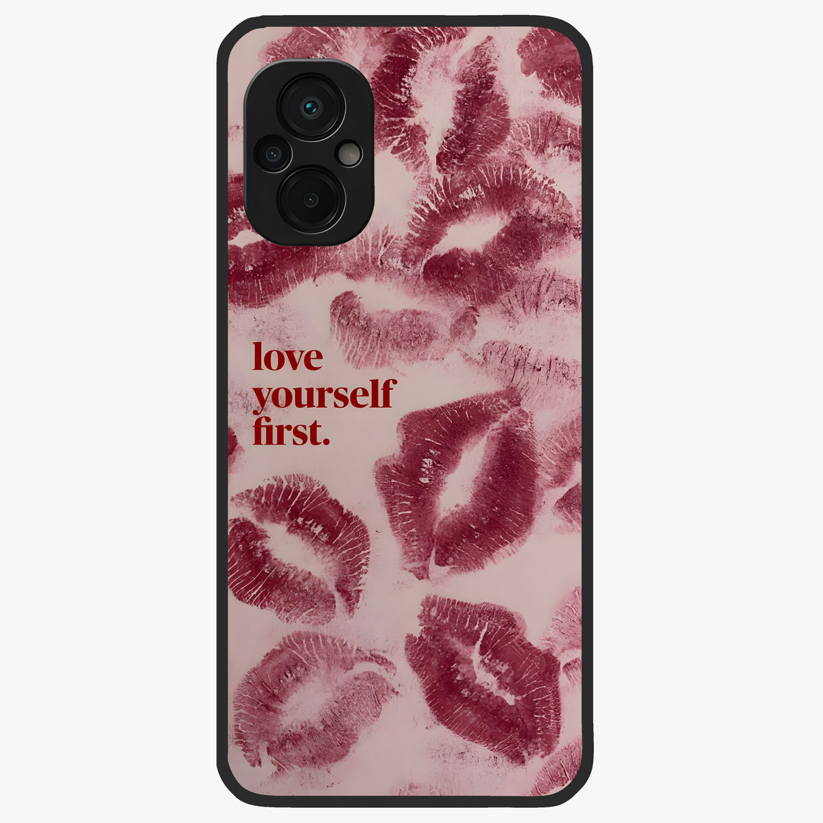Crimson Kiss Love Glass Case showing flat back view with romantic crimson themed artwork and glossy glass finish.
