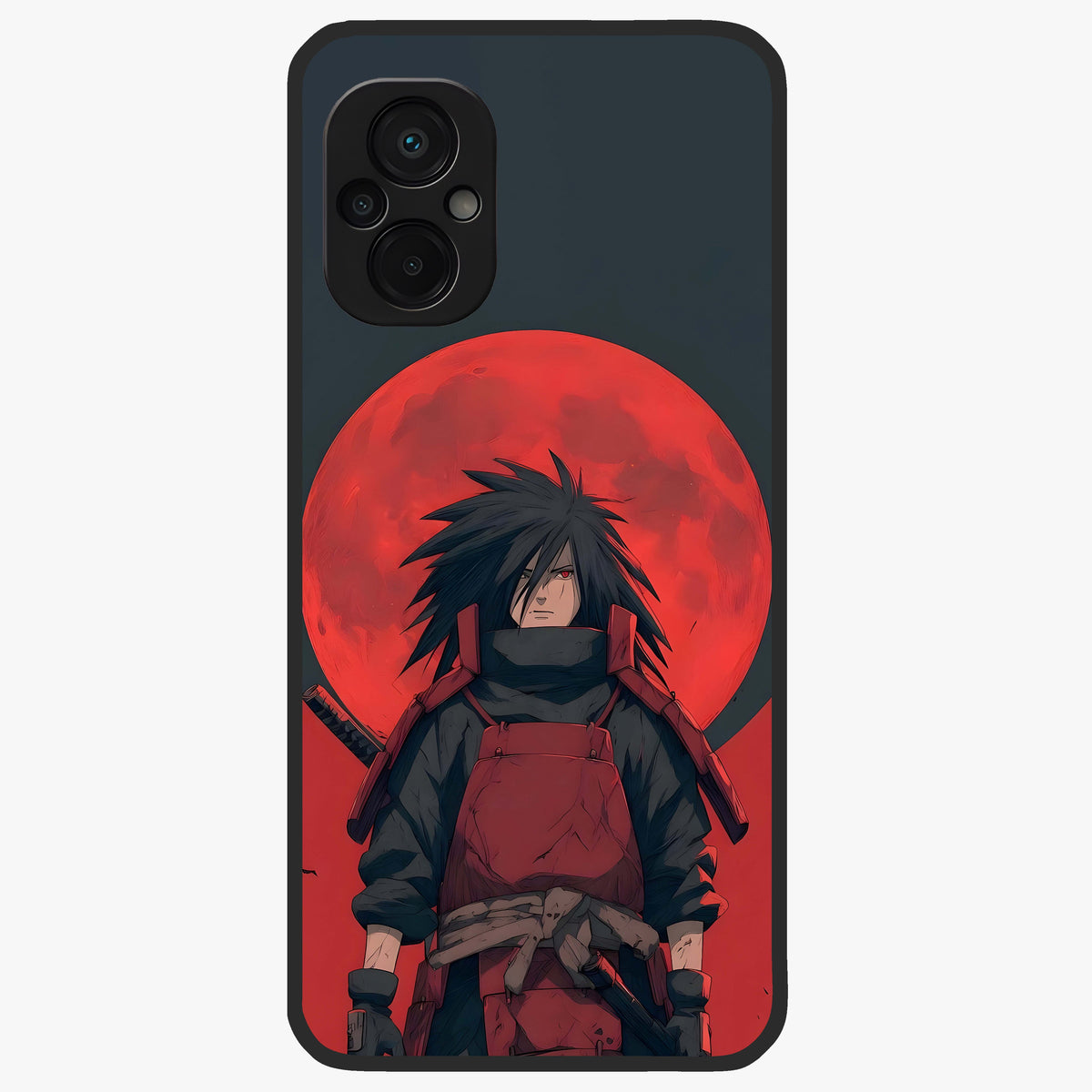 Crimson Moon Warlord Glass Case showing flat back view with mystical moon warrior artwork and glossy glass finish.