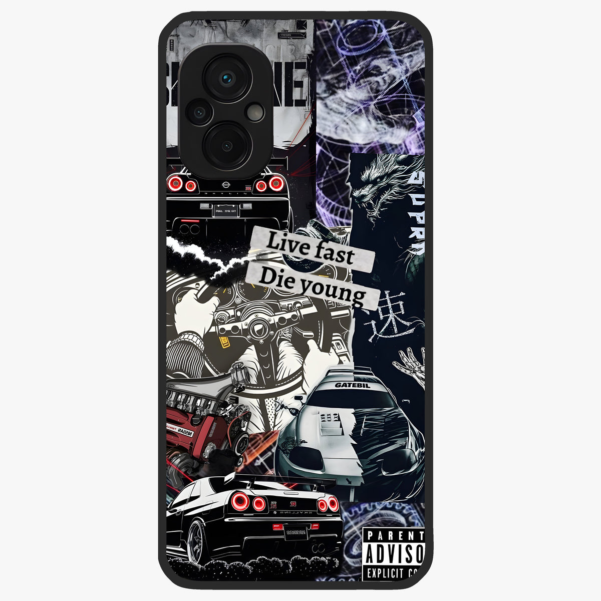 Die Young Glass Case showing flat back view with bold artistic typography design and glossy glass finish.