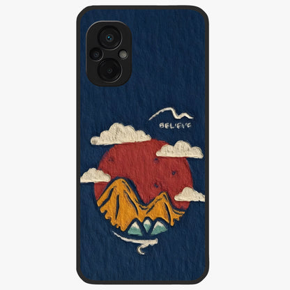 Dream Beyond Mountains Glass Case showing flat back view with scenic mountain landscape artwork and glossy glass finish.