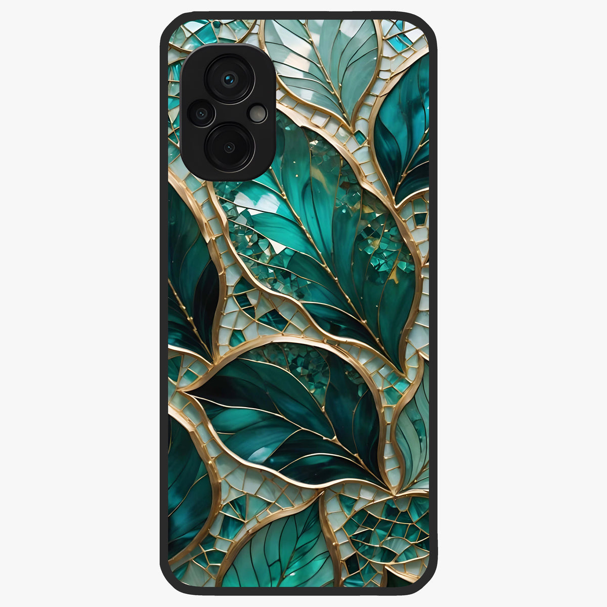 Emerald Leaf Glass Glass Case showing flat back view with emerald green leaf artwork and glossy glass finish.